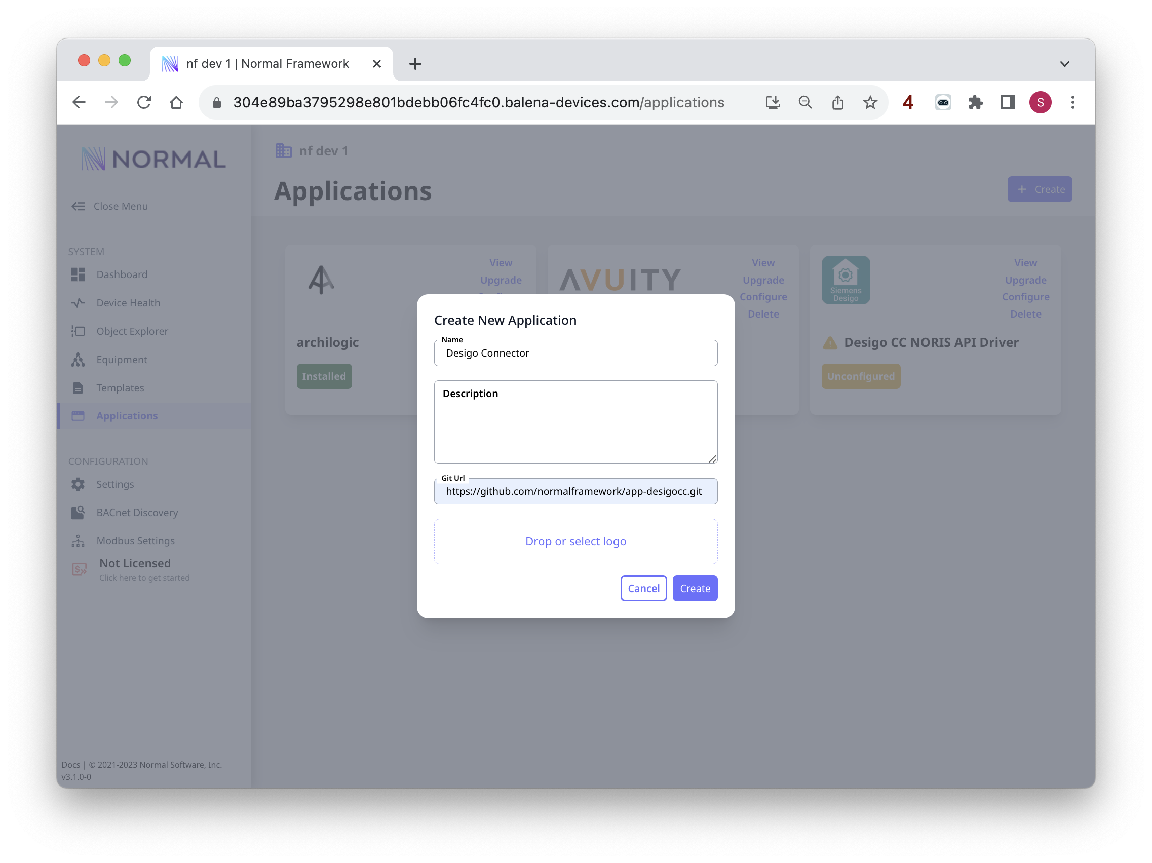 Create new application screenshot